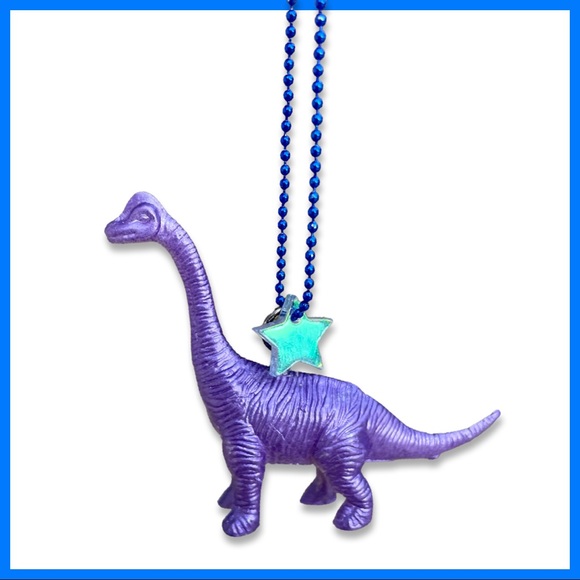 Jewelry - Long Dinosaur Necklace - blue ball chain and metallic purple dinosaur